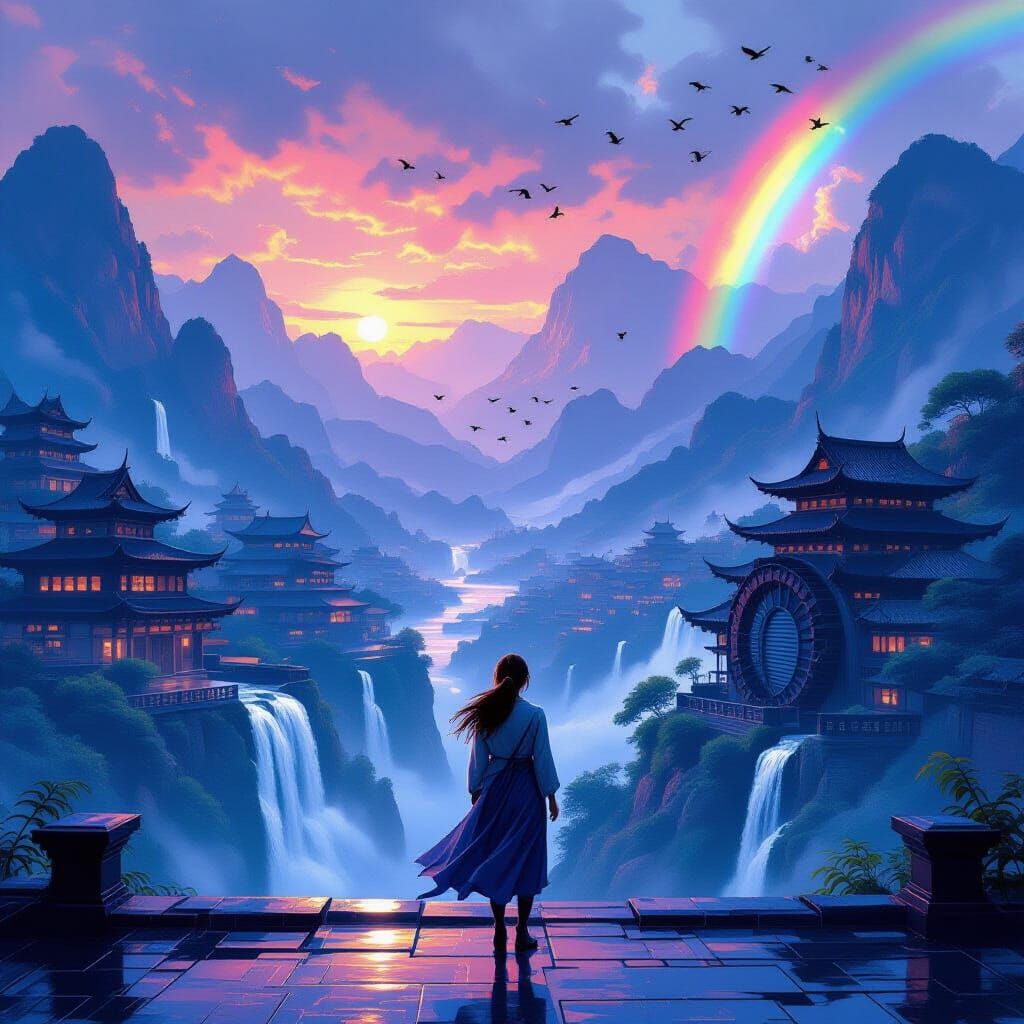 Woman on Rooftop Overlooking Ancient Village in 80s Sci-Fi S...