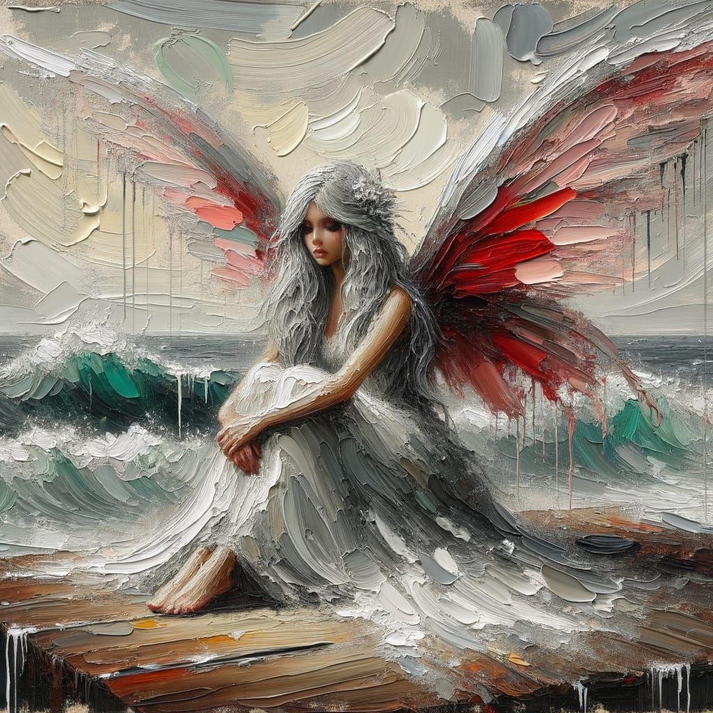 Melancholy Fairy on Dock in Oil Painting Style