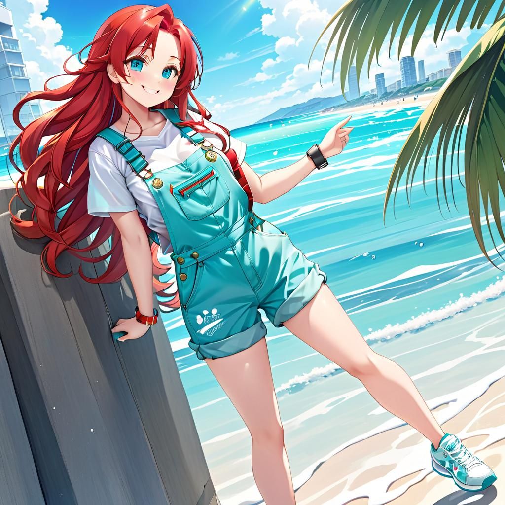 Anime Chibi Girl in Aqua Overalls on Beach