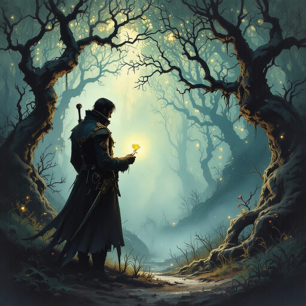 Dark Fantasy Officer in Ancient Forest with Luminous Flower