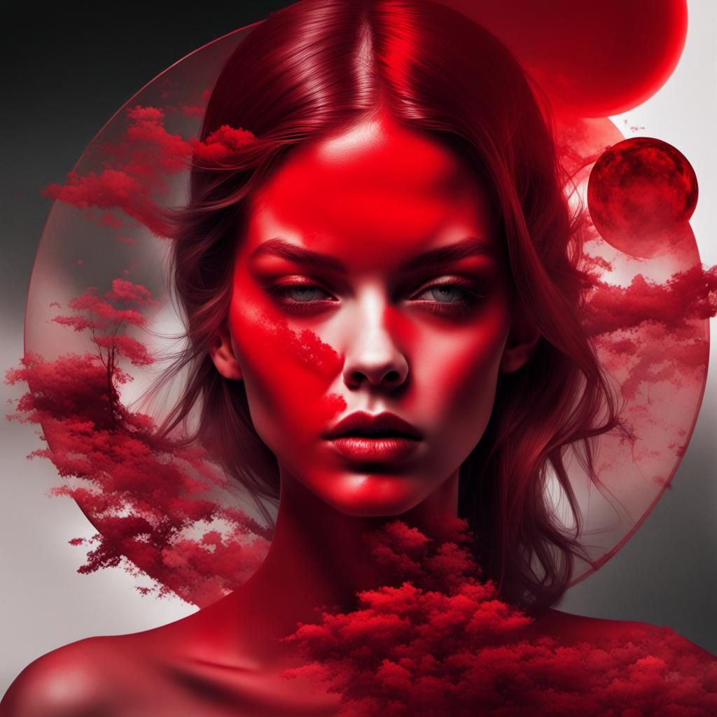 Monochromatic Red Double Exposure Portrait of Barbara Palvin