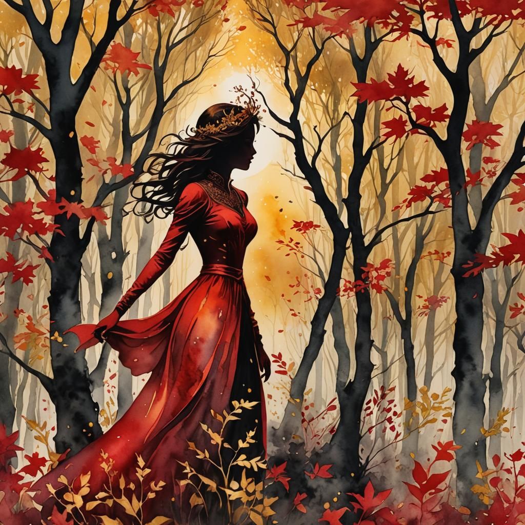 Fantasycore Woman in Enchanted Forest, Watercolor Art