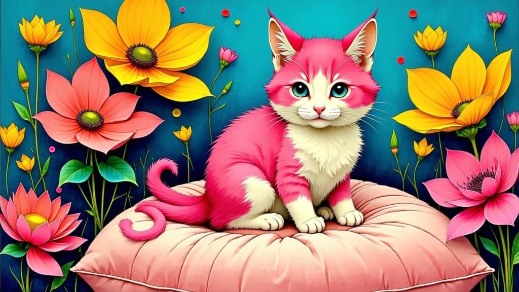 Pink Cat on Cushion with Flowers in Murakami Style