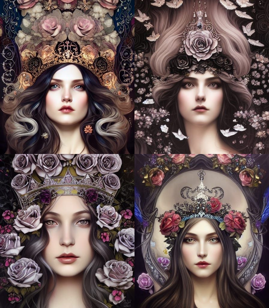 Woman with Black Rose Crown, Grayscale Oil Painting