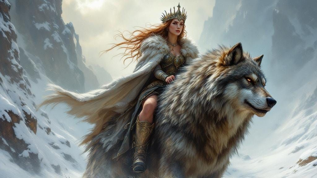 Viking Queen Riding a Wolf in a Snowy Landscape