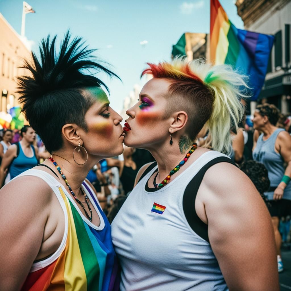 Two Women Kissing at Pride Parade: Cinematic Film Still