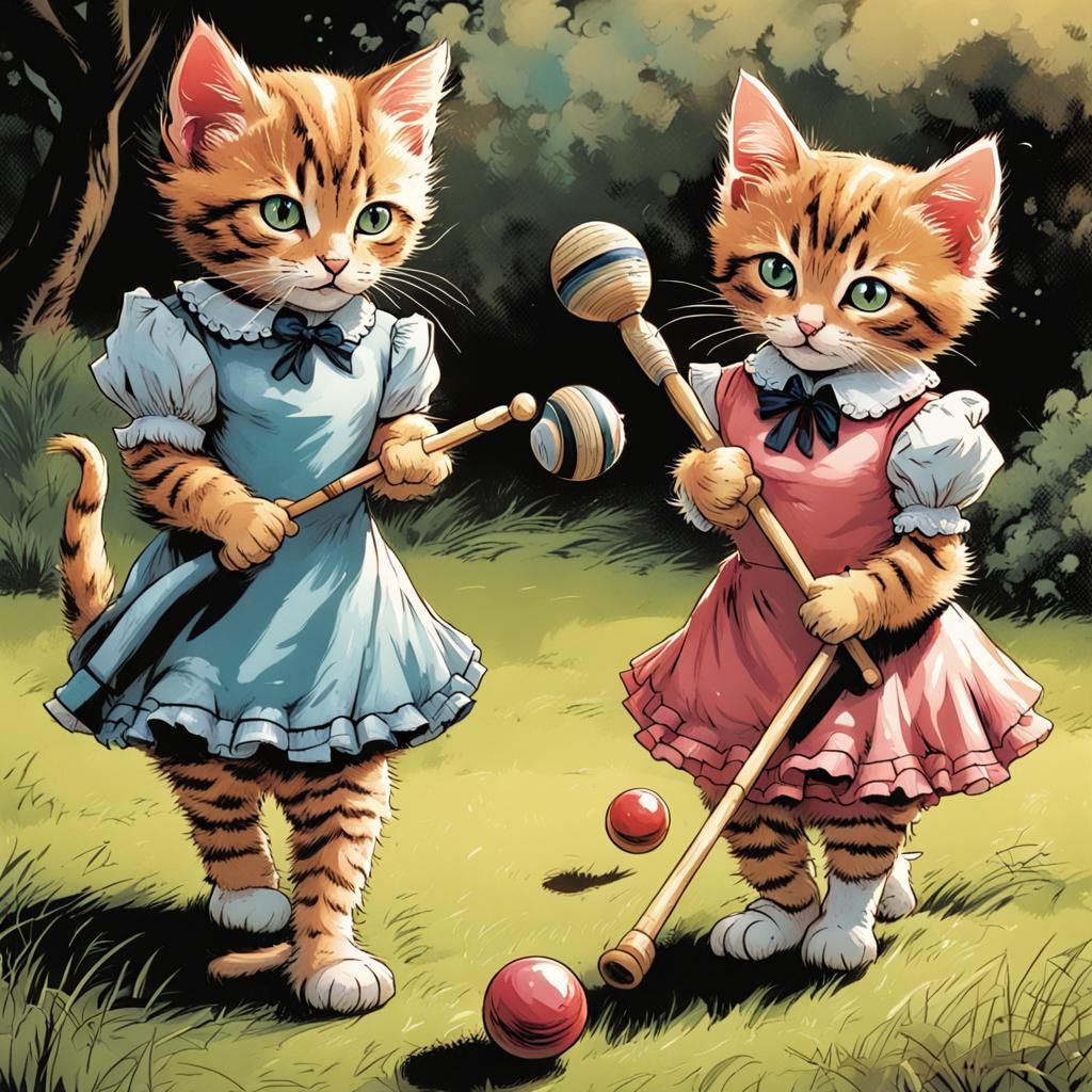 Tabby Kittens Playing Croquet in Comic Book Style
