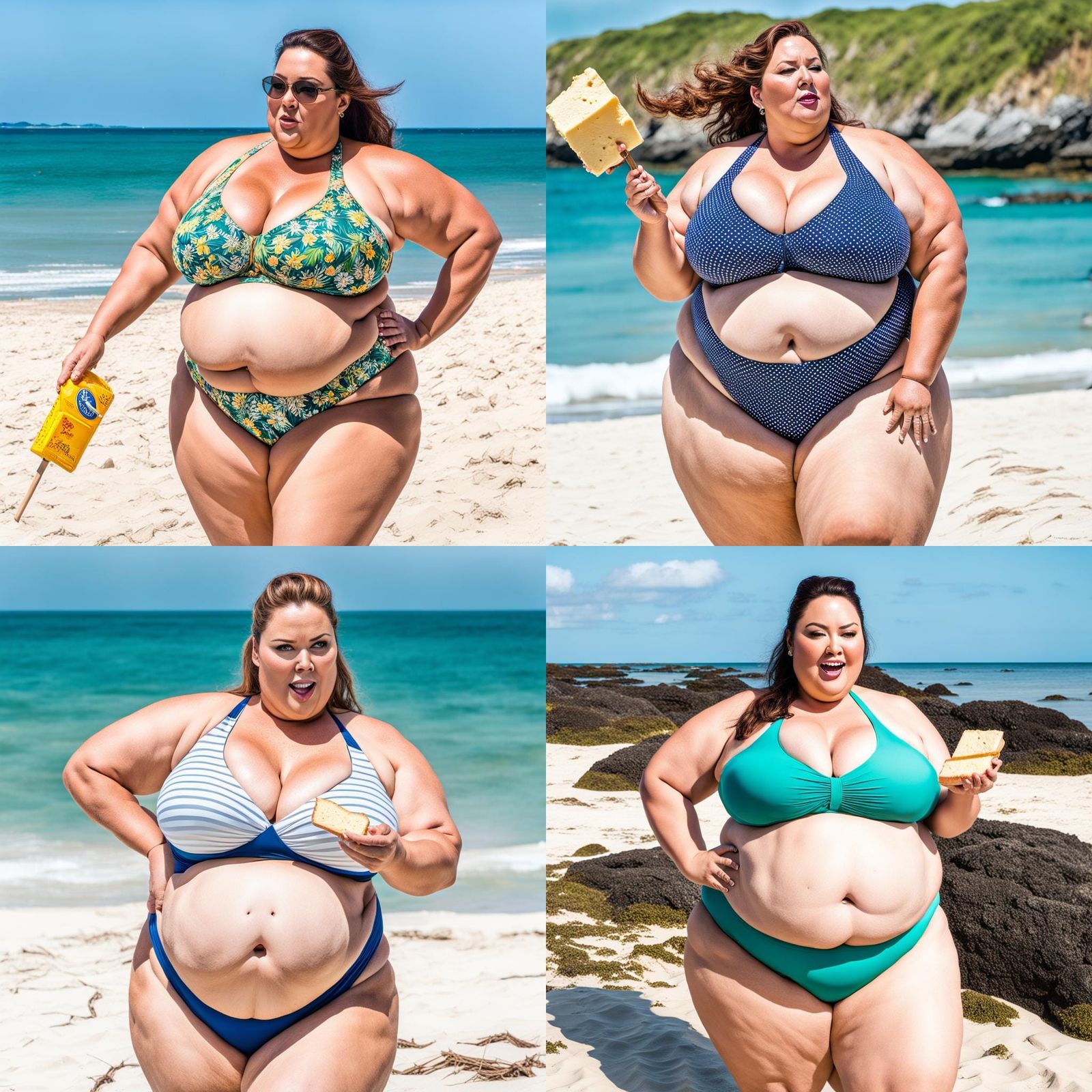 Obese Woman Eating Butter at Beach