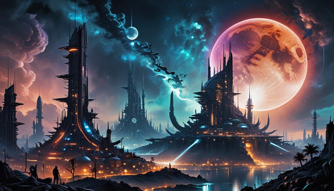 Cyberpunk Cityscape Illuminated by Nebula and Solar Panels