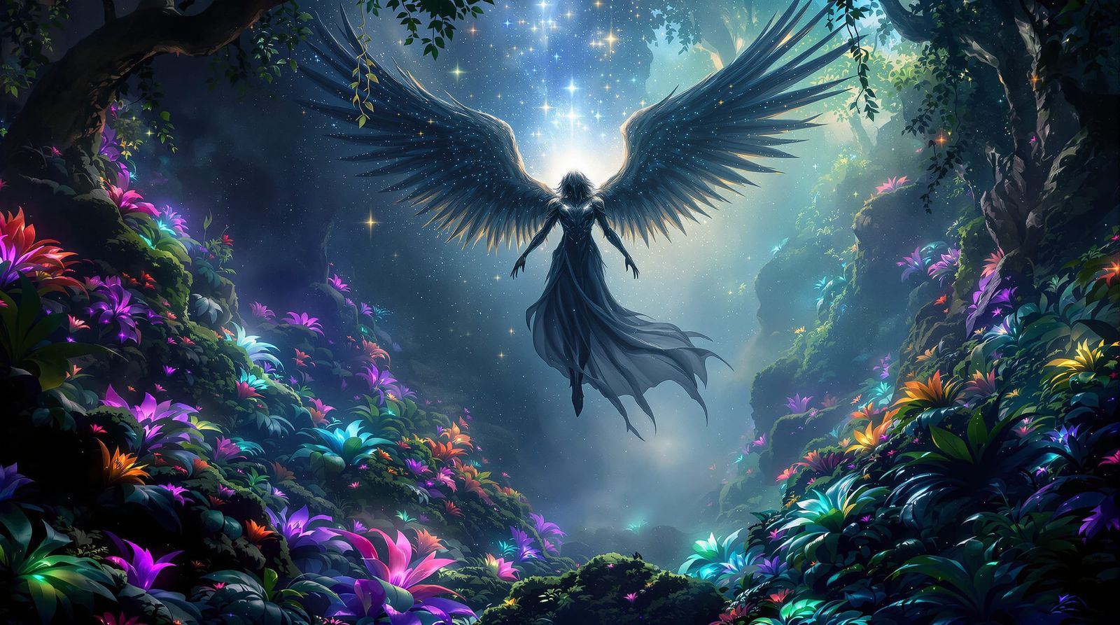 Fallen Angel Descends into Bioluminescent Alien Jungle