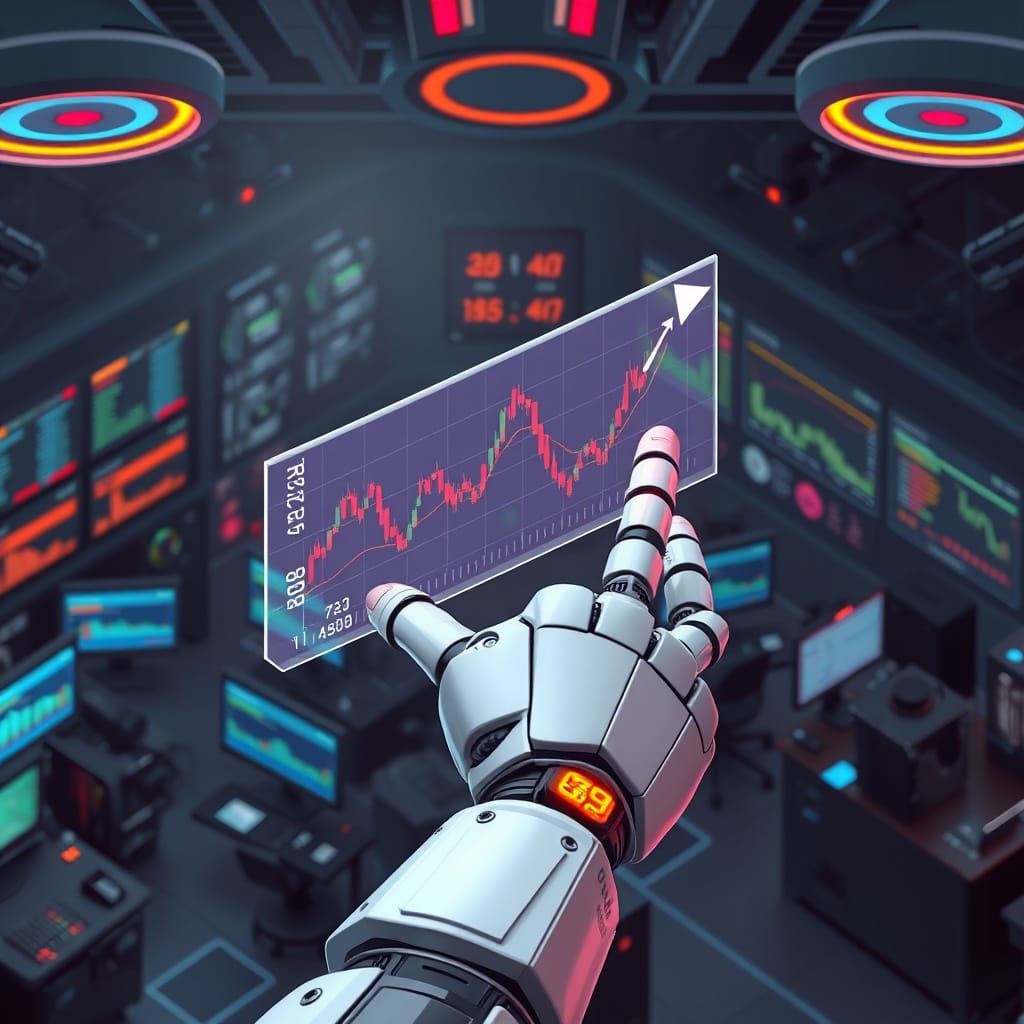 Futuristic Trading Room with AI and Robot Hand