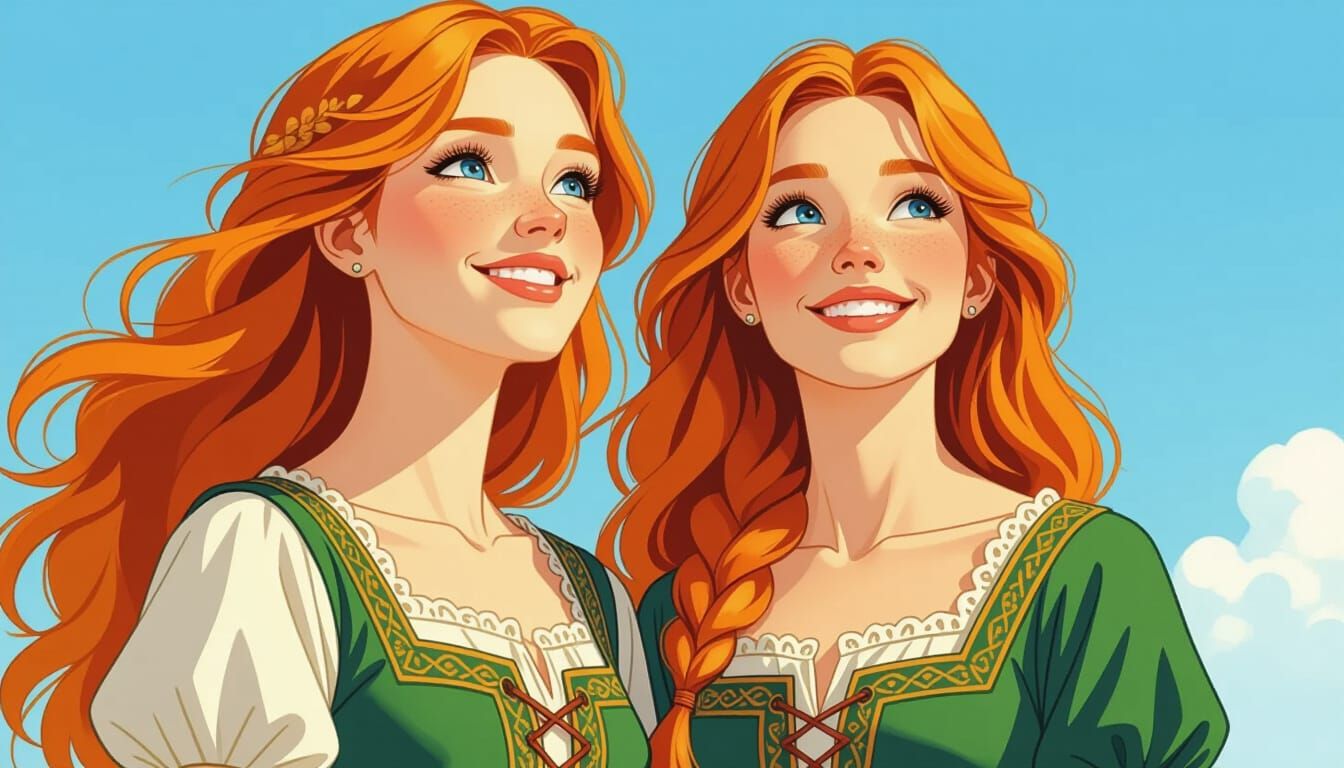 Smiling Redhead in Celtic Dress, Cartoon Style