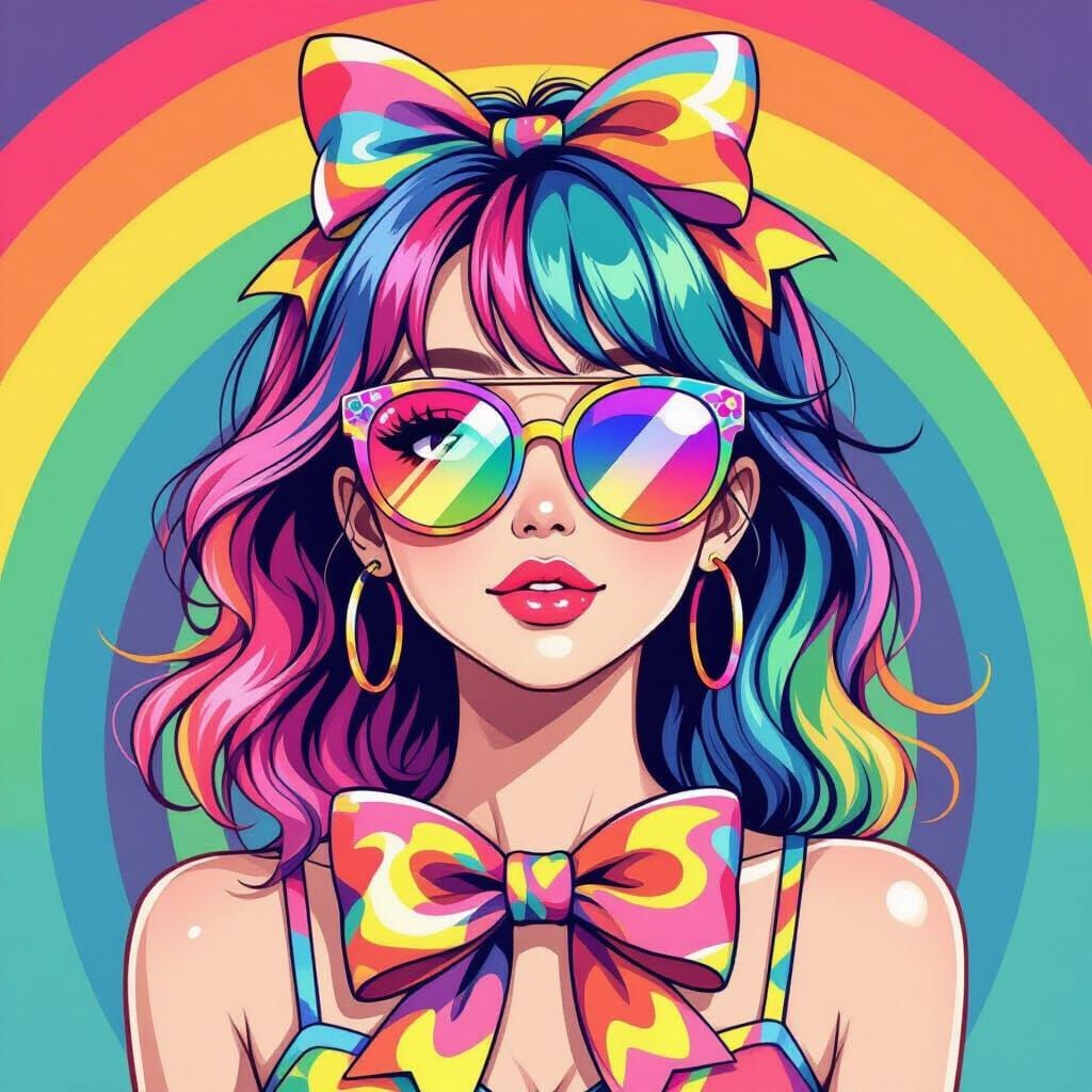 Pretty Girl with Rainbow Hair and Bow in Anime Style