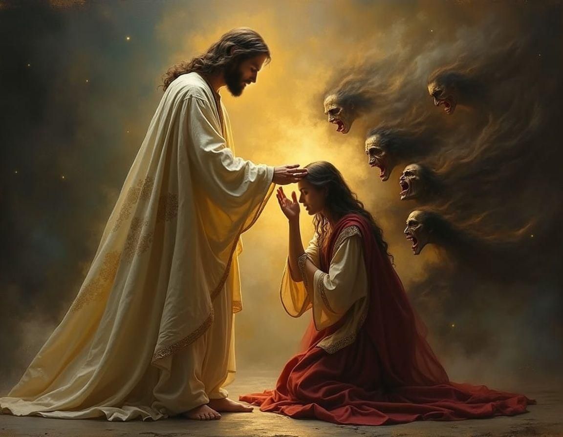 Surreal Jesus Frees Mary Magdalene from Dark Spirits