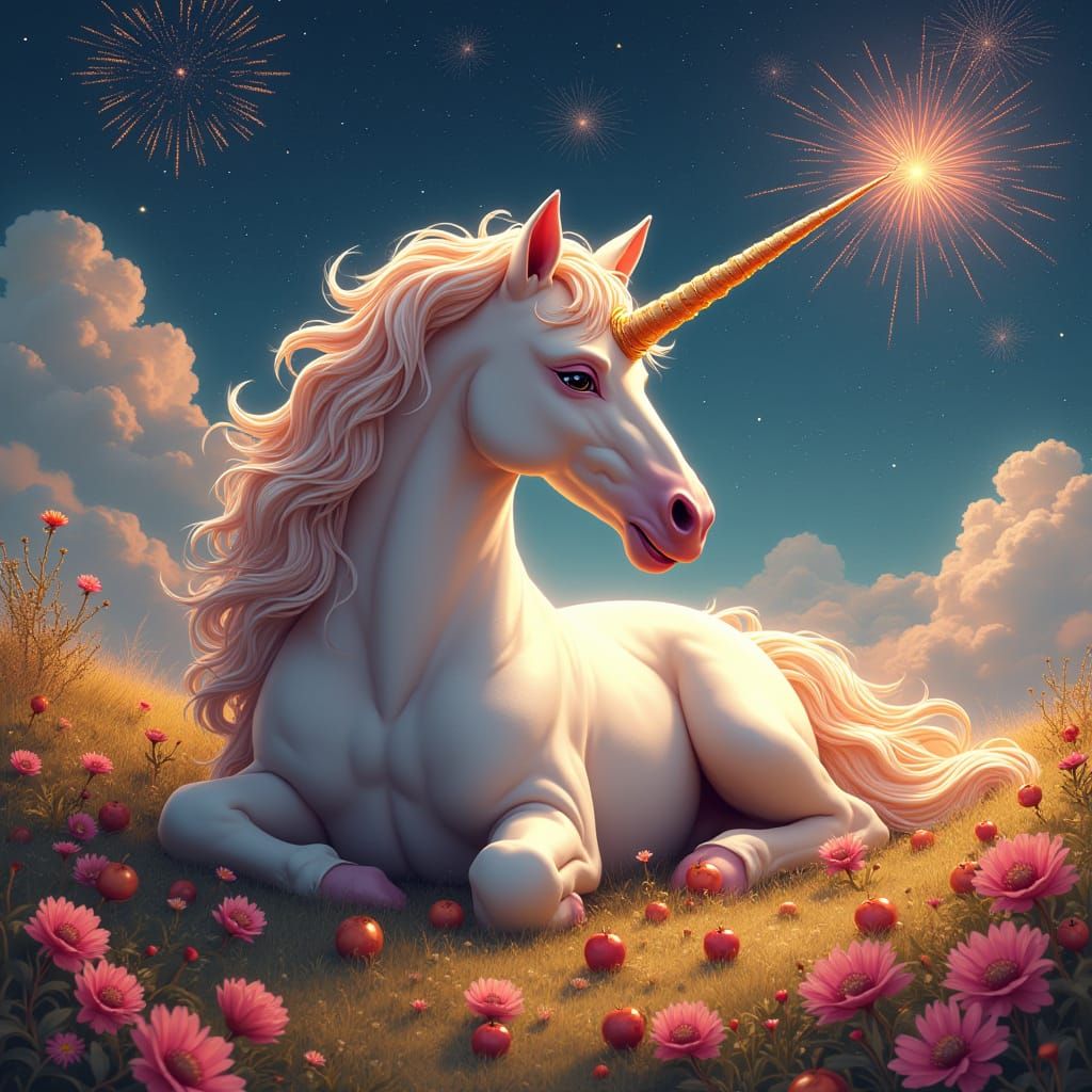 Majestic Unicorn in Starry Meadow