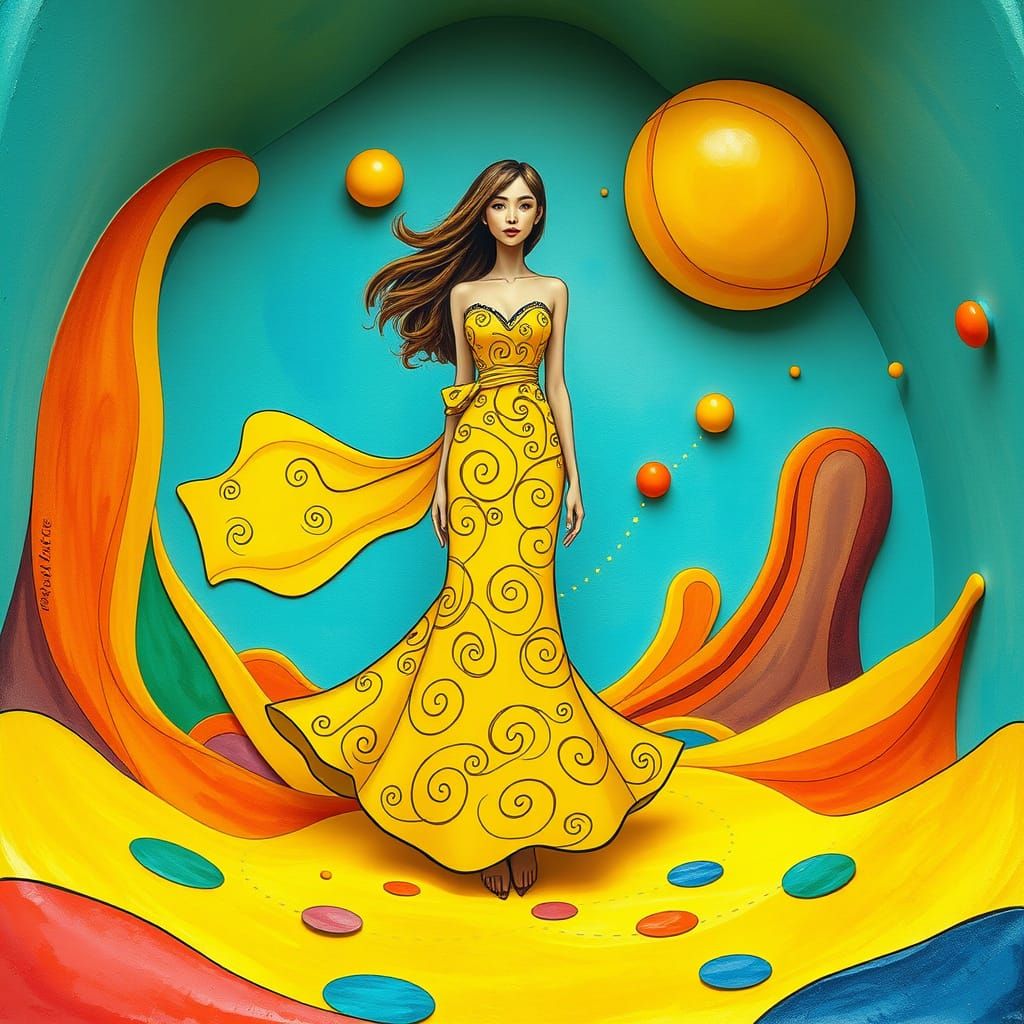 Woman in Dreamlike Planet Scene with Swirling Patterns