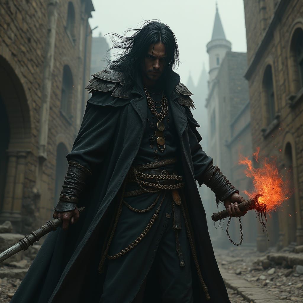 Punk Rock Sorcerer in Dark Medieval Cityscape