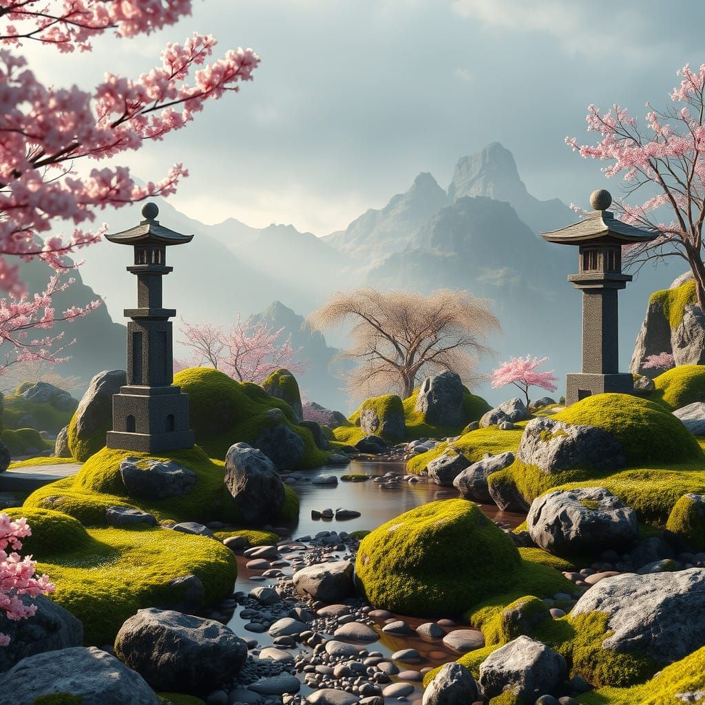 Dreamlike Japanese Rock Garden in Vibrant, Fantastical Atmos...