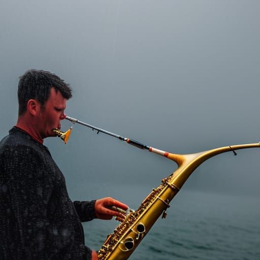 Man playing a saxophone on a fishing boat during a rainstorm