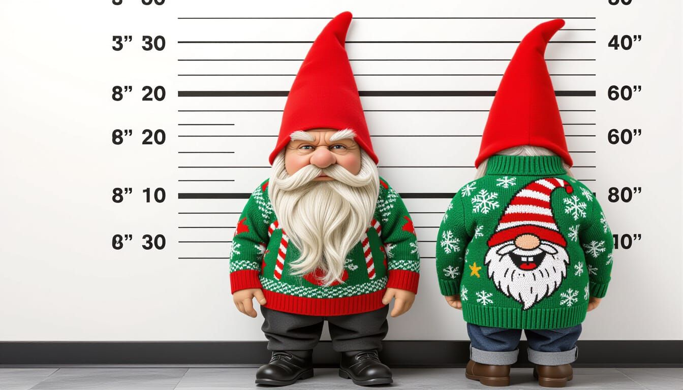 Grumpy Gnome in Police Lineup Wearing Ugly Christmas Sweater