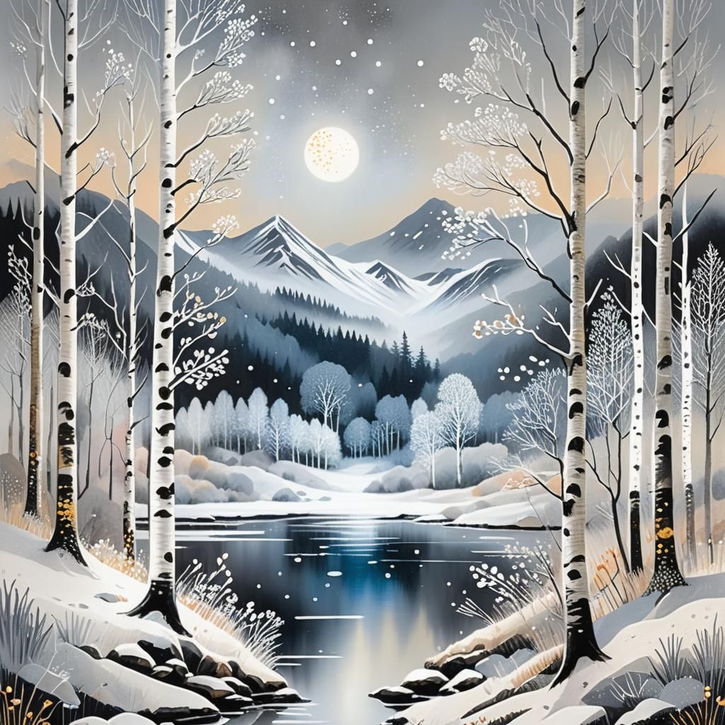 Misty Winter Birch Forest at Sunrise in Art Brut Style