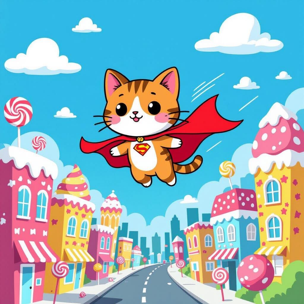 Cartoon Cat Superhero Flies Through Candy Cityscape