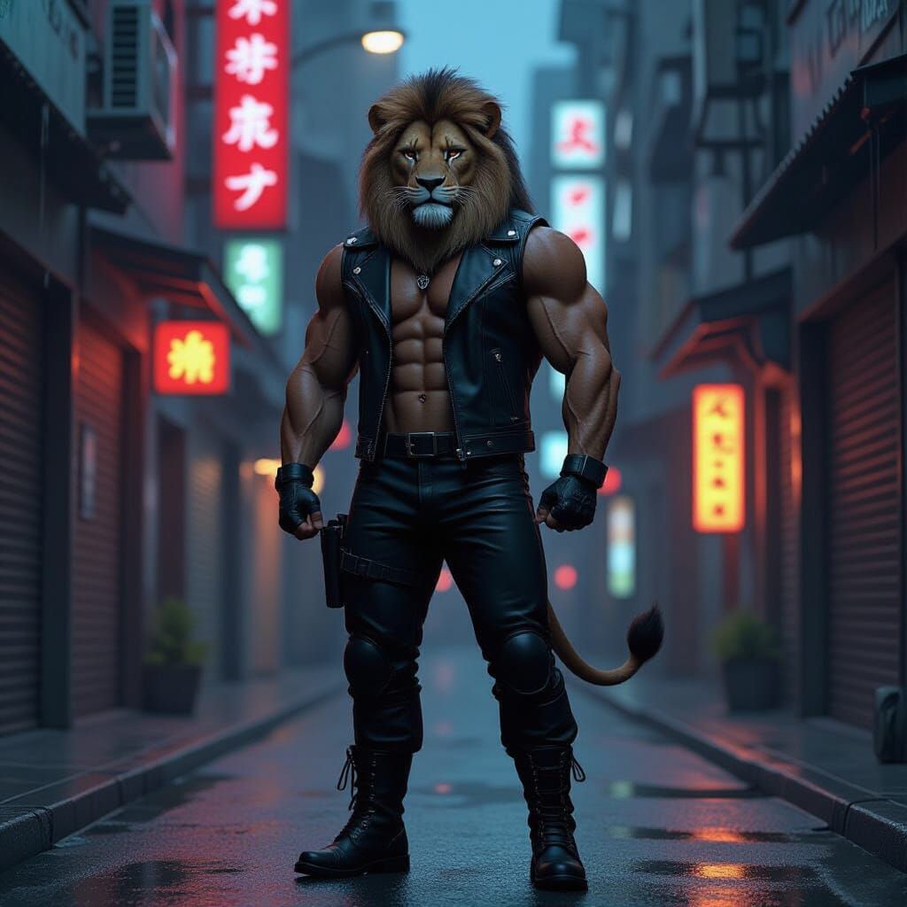 Cyberpunk Lion in Neo-Tokyo Alleyway