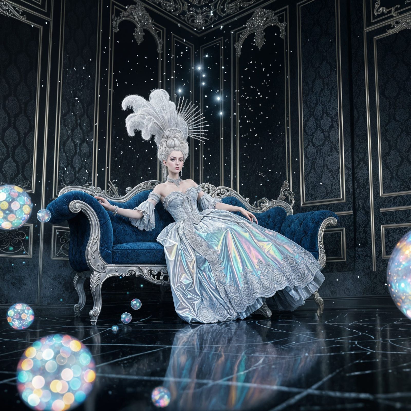 Marie Antoinette in Holographic Gown on Sapphire Chaise