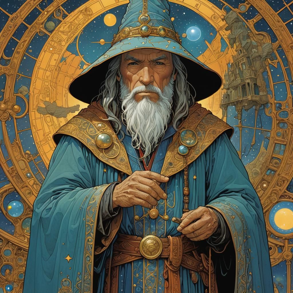 Magical Wizard Illustration in Moebius Style