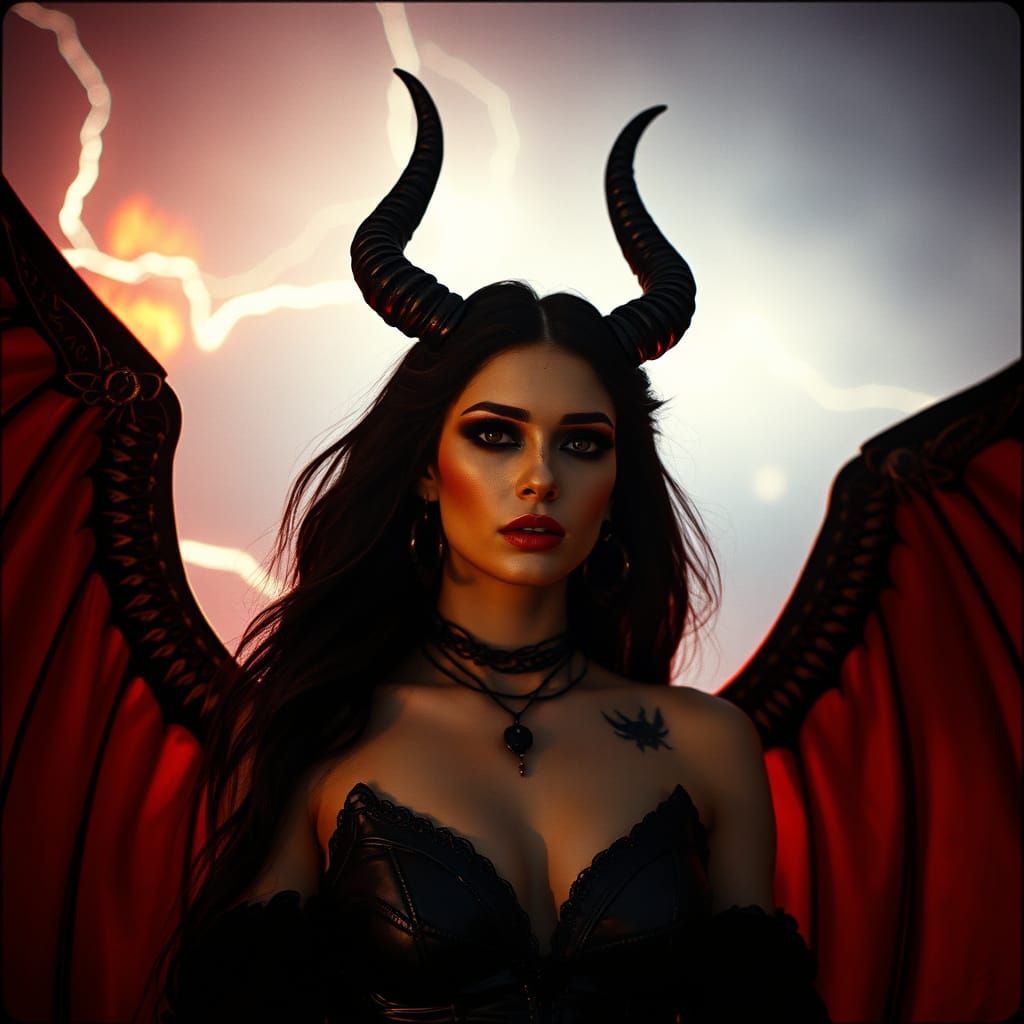 Dark Goddess Lilith with Horns, Wings, and Fiery Lightning