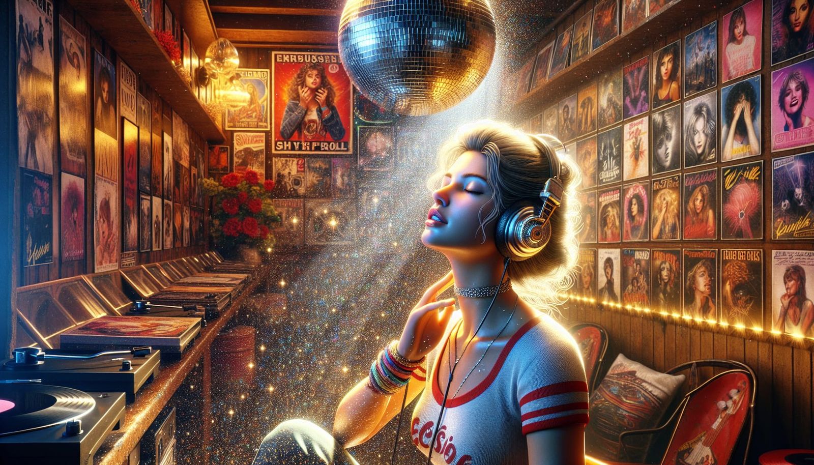 Girl in 80s Record Store Listening to Music