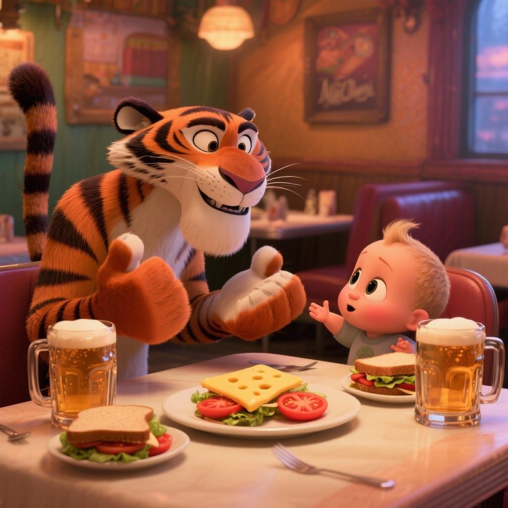 Humorous Tiger and Baby Restaurant Scene in Pixar Style