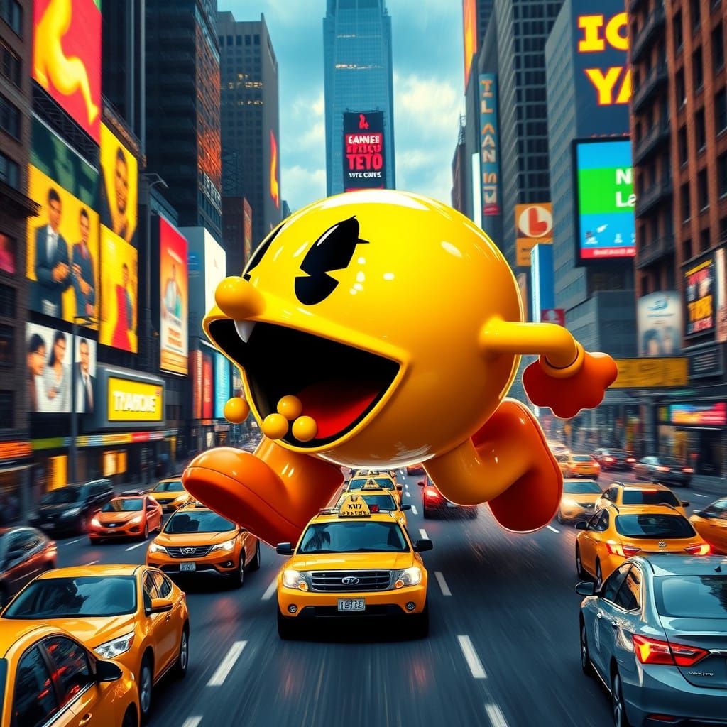 Gigantic Pac-Man Devours Yellow Taxis in Vibrant, Glossy NYC...