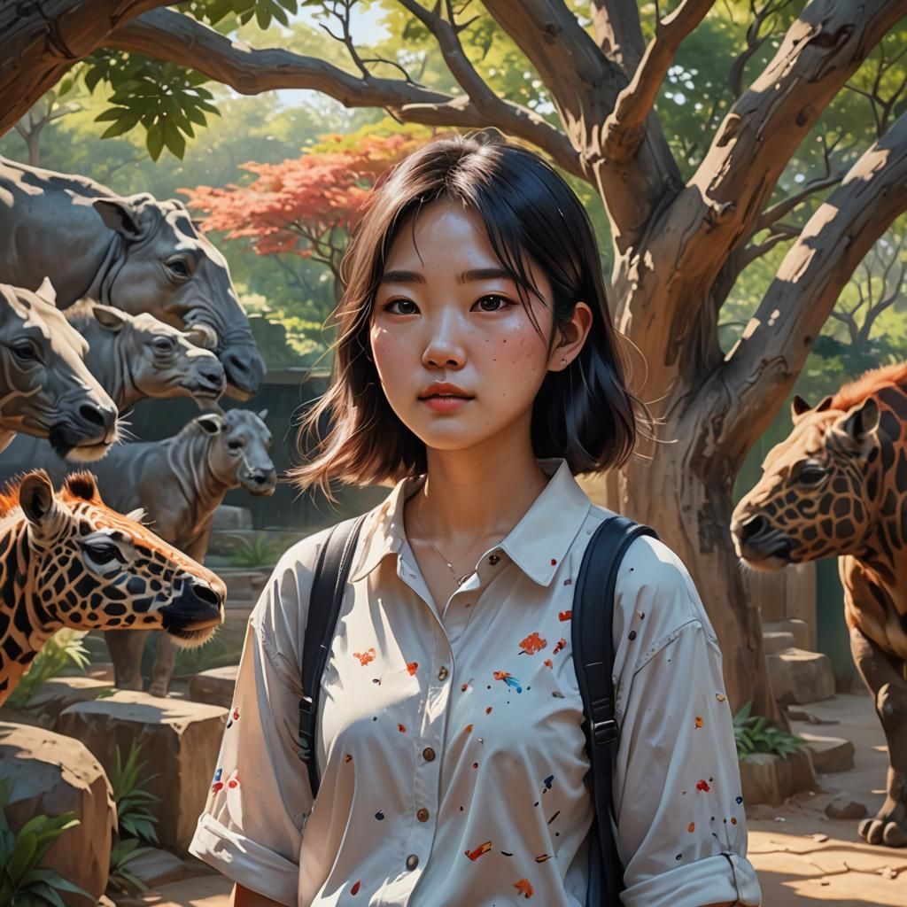 Korean Girl's Colorful Zoo Day: Hyperrealistic Art