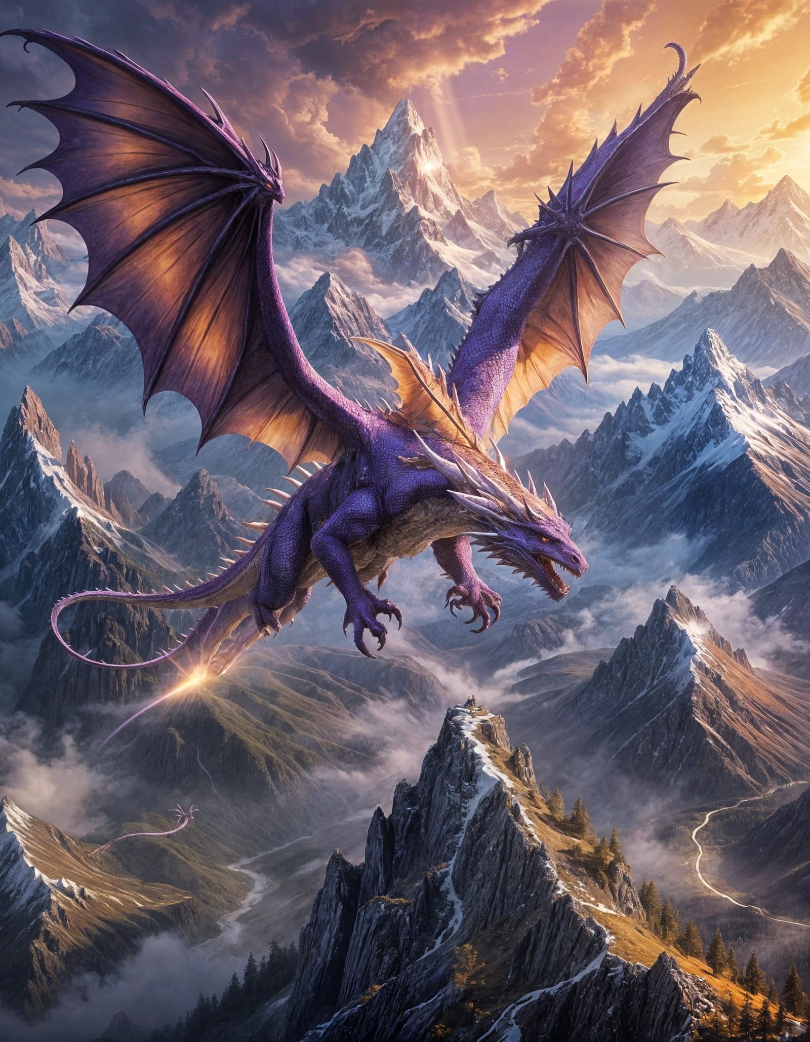 Purple and White Dragon Soaring Over Mountains