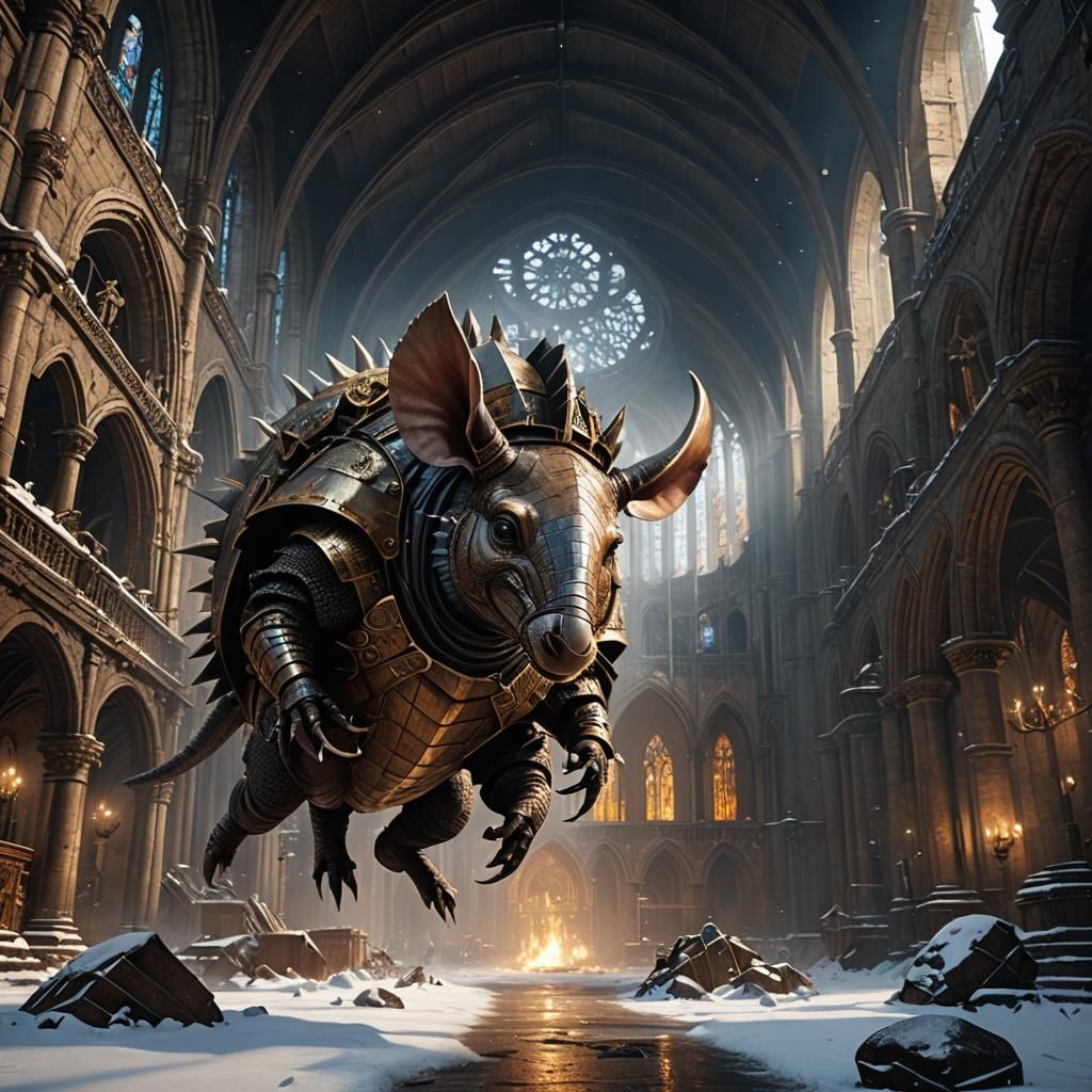 Armadillo Leaping Through Snowy Cathedral Ruins