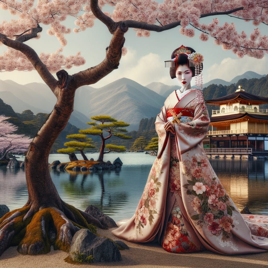 Sakura Tree, Lake, Geisha, and Japanese Temples
