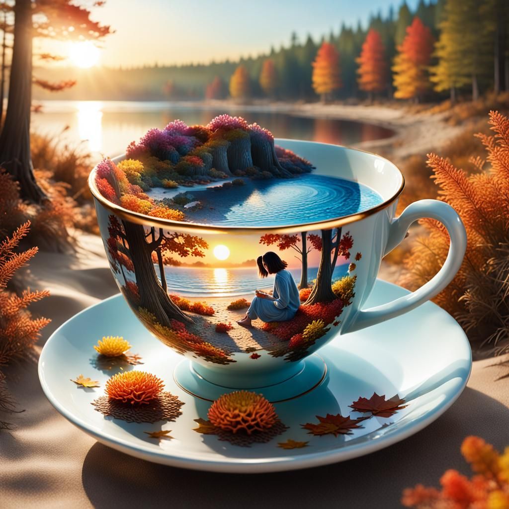 Magical Teacup Bobble with Autumn Beach Scene