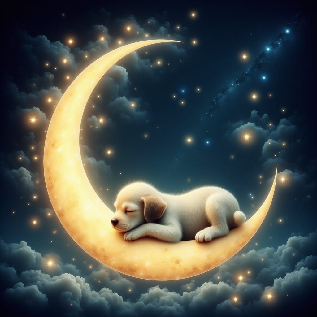 Whimsical Crescent Moon Scene with Sleeping Puppy