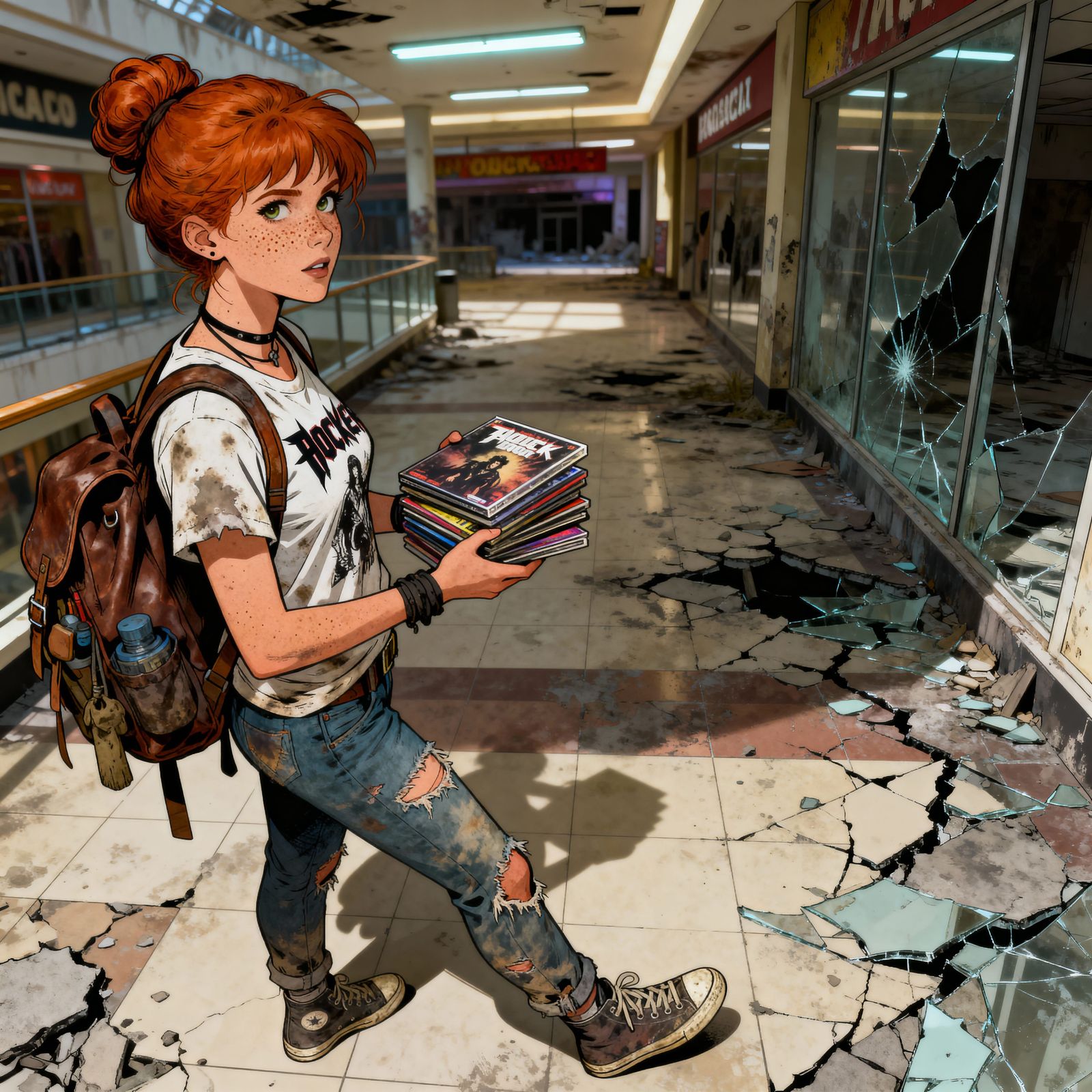 Freckled Ginger Explorer in Ruined Mall Comic Style