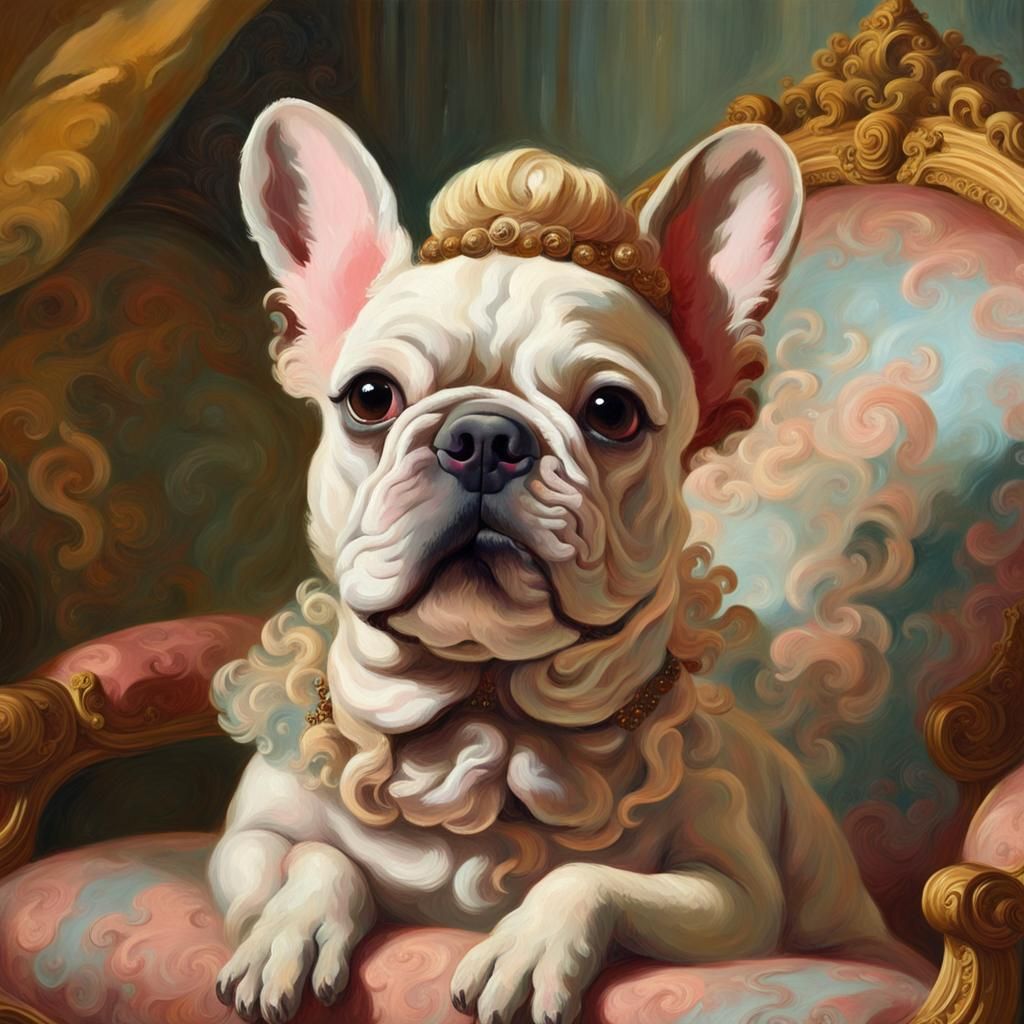 French Bulldog in Rococo Wig Oil Painting