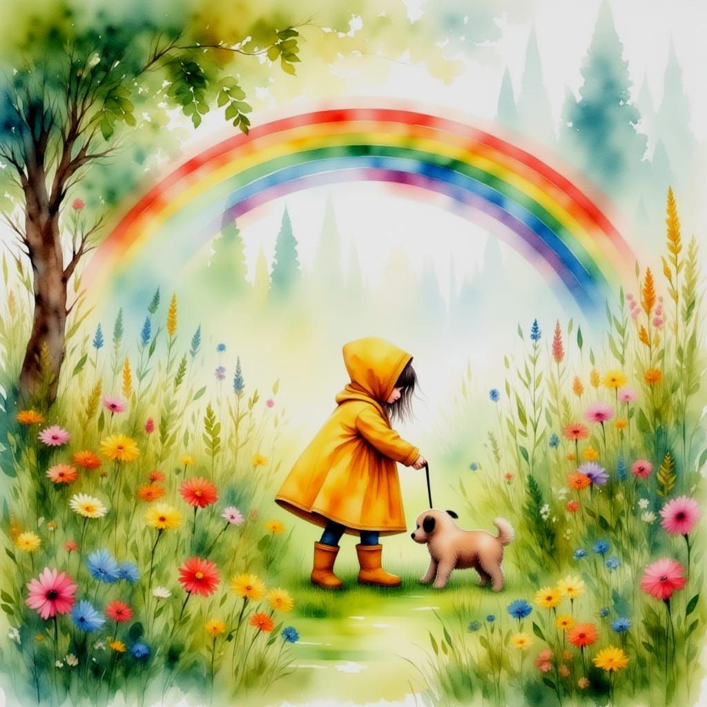 Girl and Puppy Playing After Rain