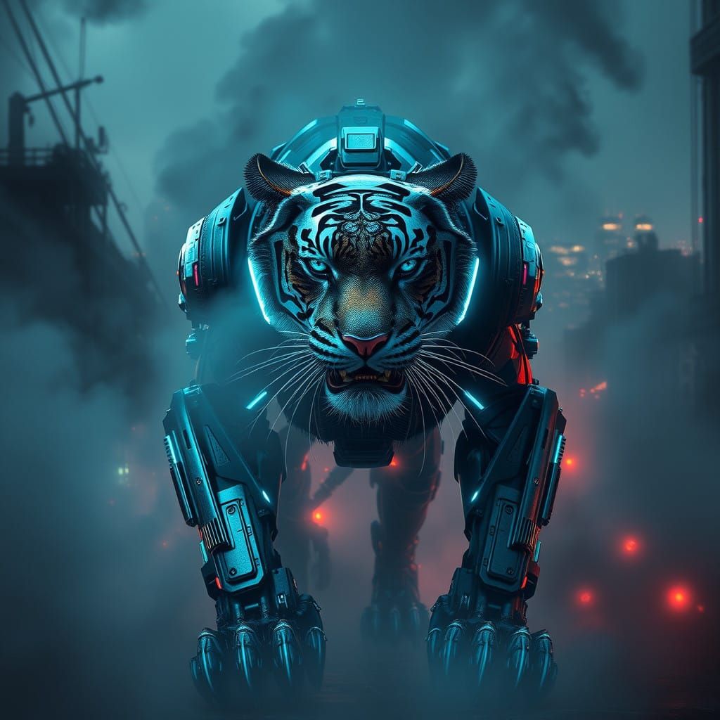 Cyberpunk Robot Tiger Emerges from Fog in Neon-Lit Cityscape