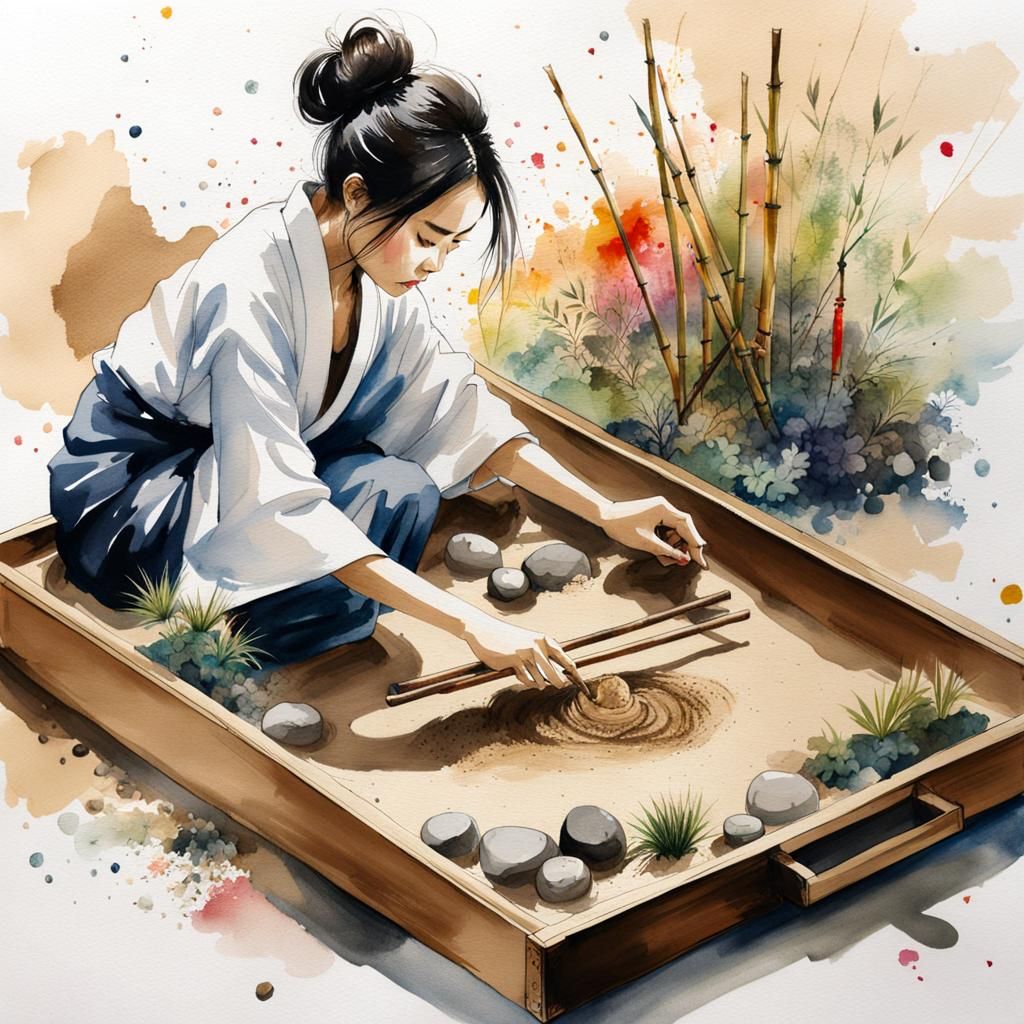 Woman Raking a Miniature Japanese Zen Garden