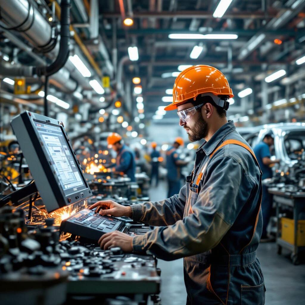 Factory Worker at Industrial Touchscreen Panel
