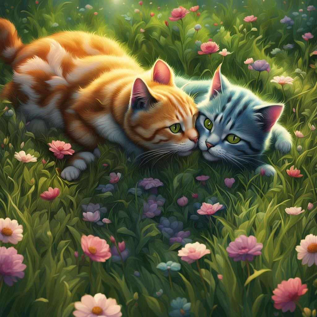 Glass Cats Kissing on Grass: 3D Illustration