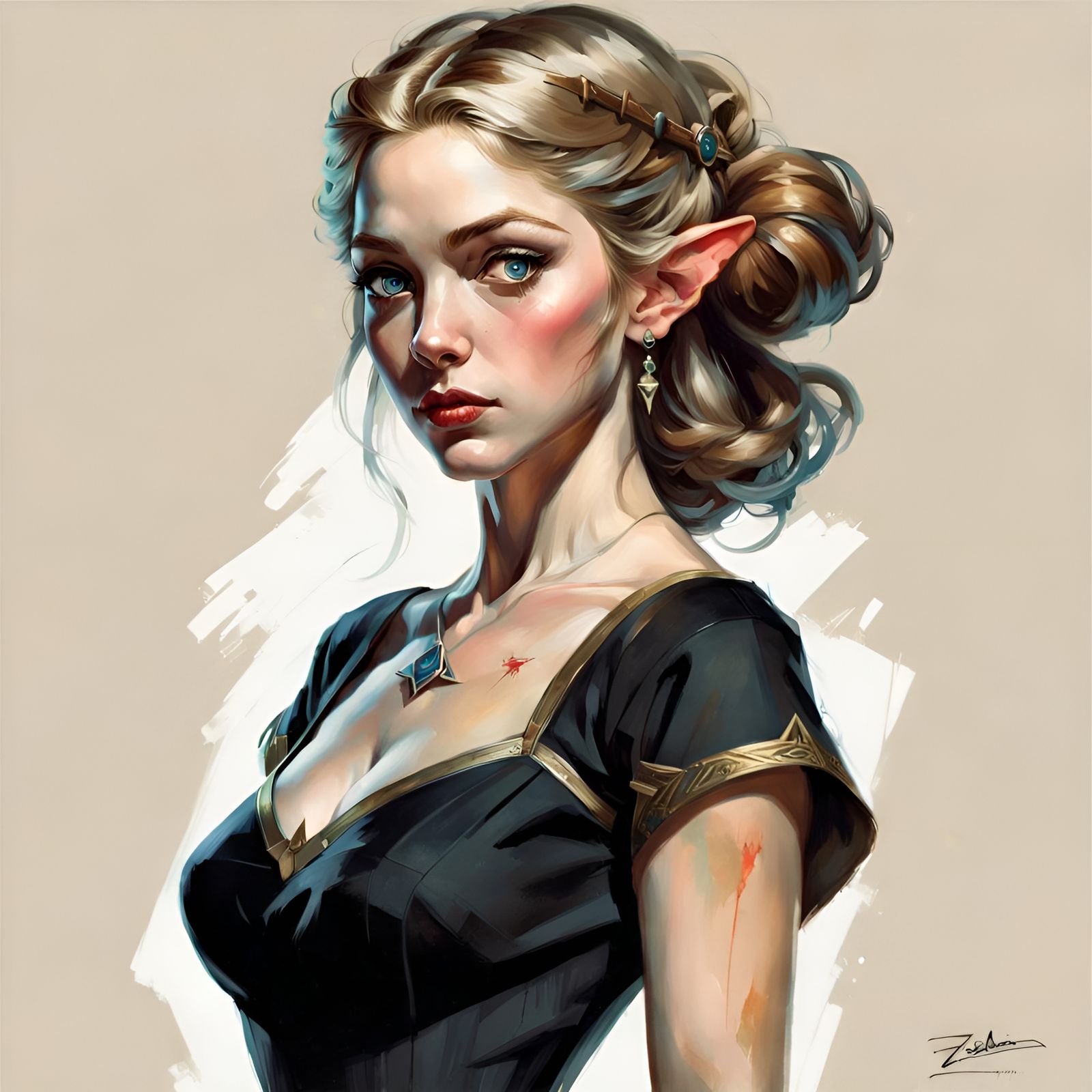 Zelda in Black Dress: Hyperrealistic Pin-Up Portrait