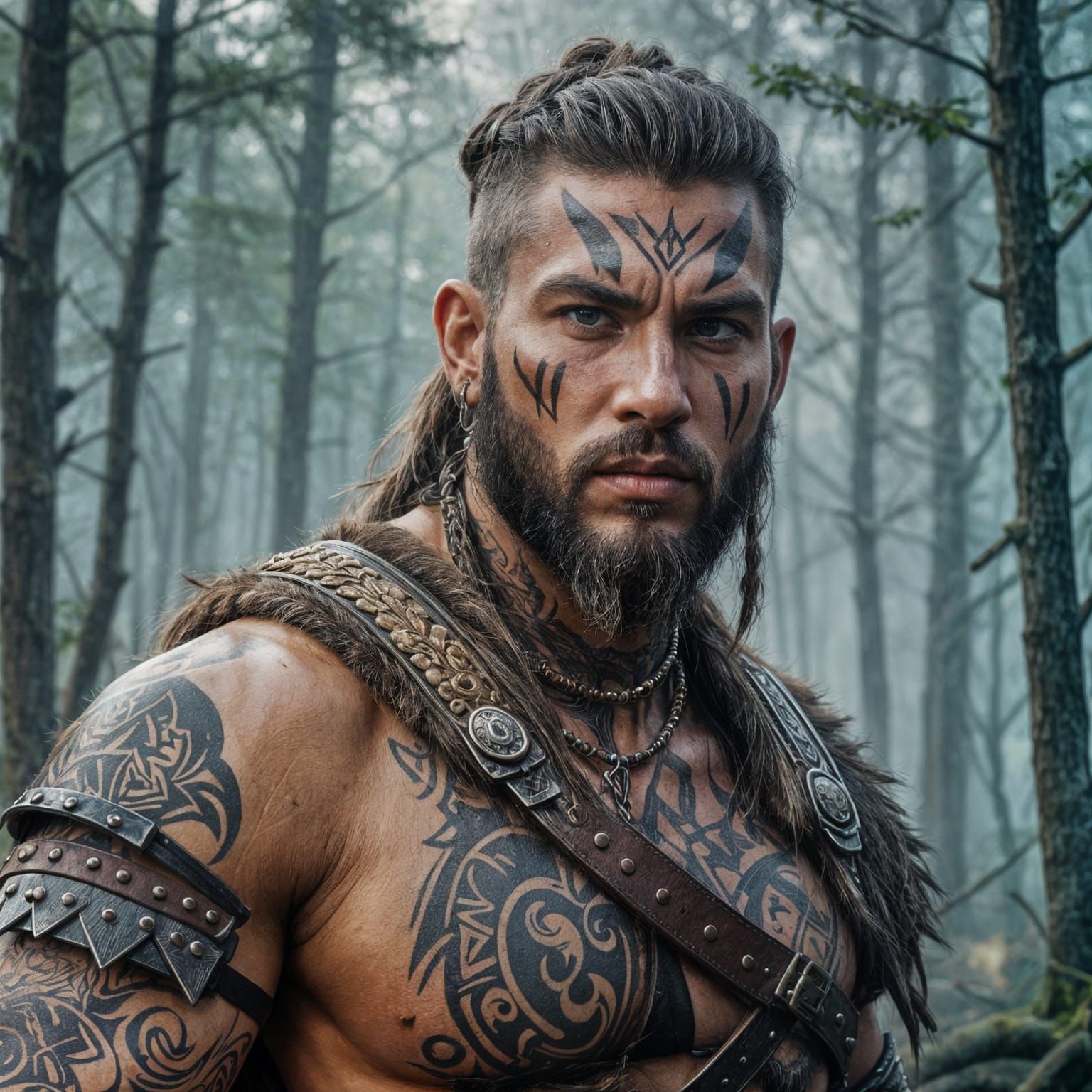 Fearsome Tattooed Barbarian Warrior Portrait