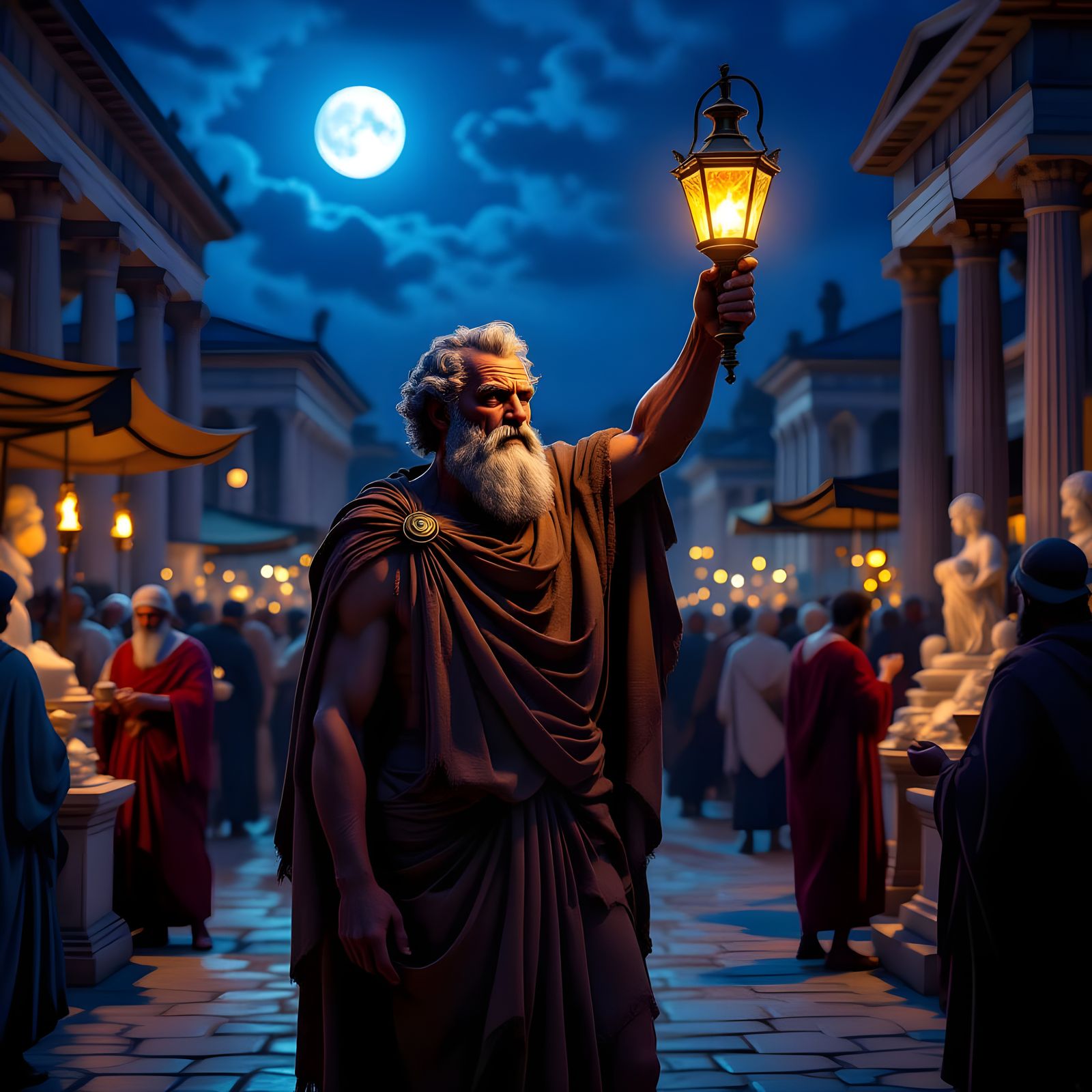 Diogenes in Athenian Agora at Twilight