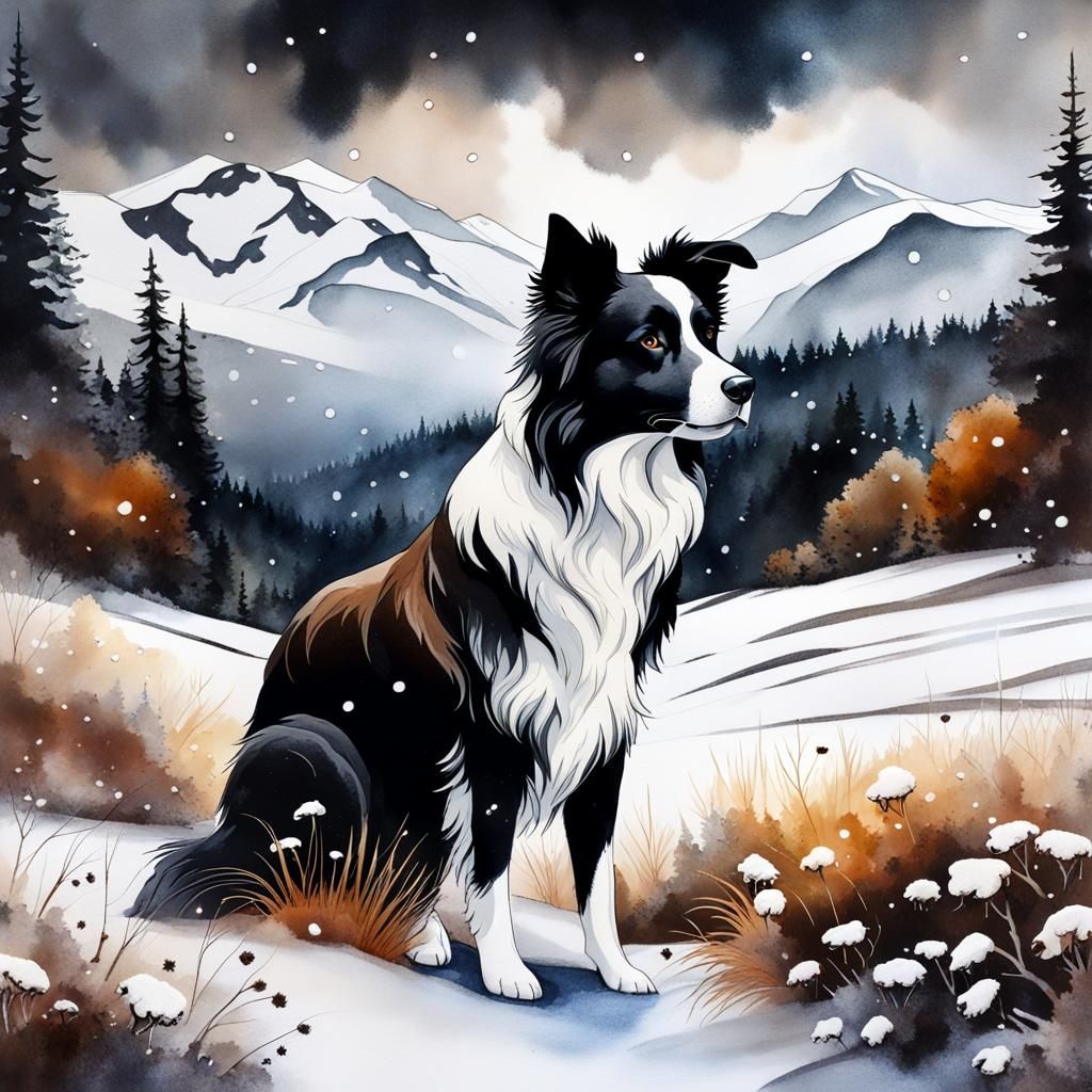 Border Collie Dog Herding Sheep in Snowy Forest